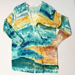 Chico's Women Blue Yellow Impressionist Landscape Open Front Cardigan Size 1 M